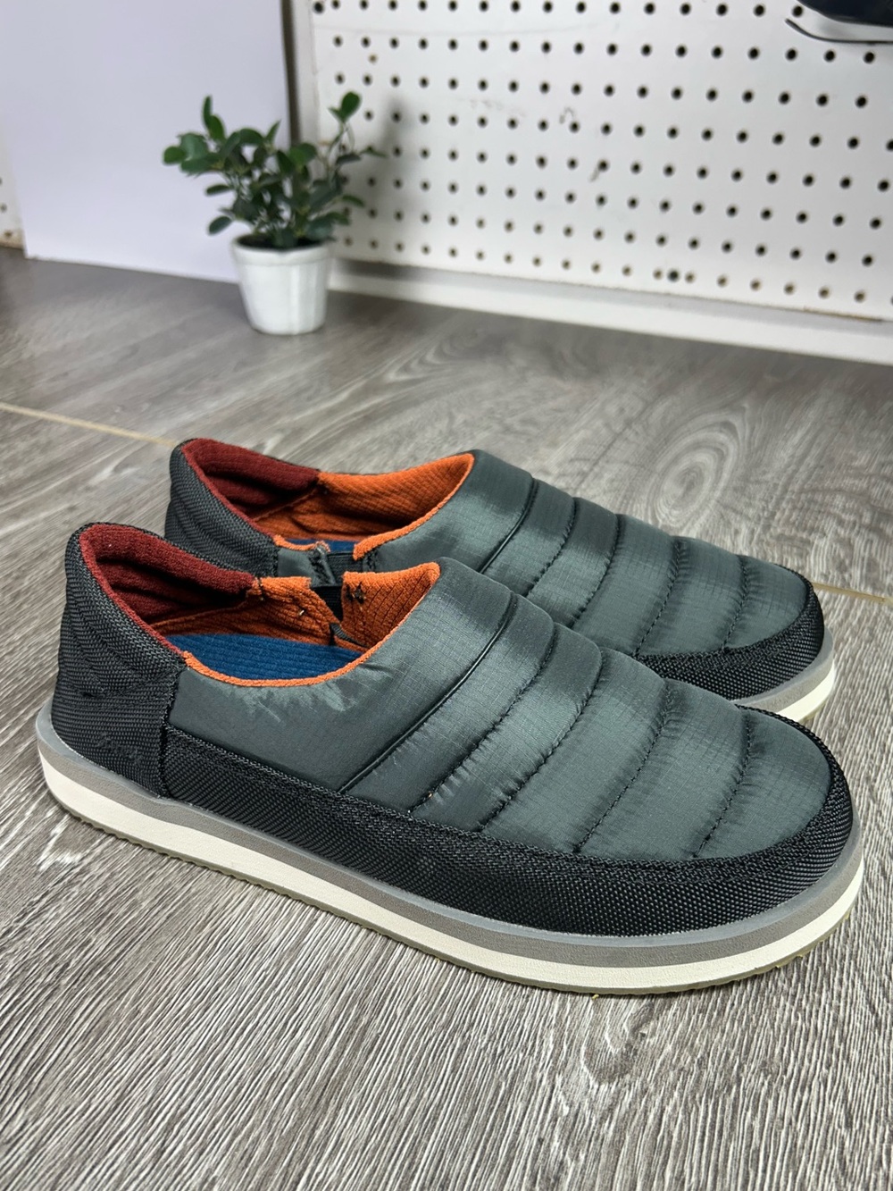 Sanuk Men's puffy Quilted Dark Gray Slip-On Loafers with Orange Lining